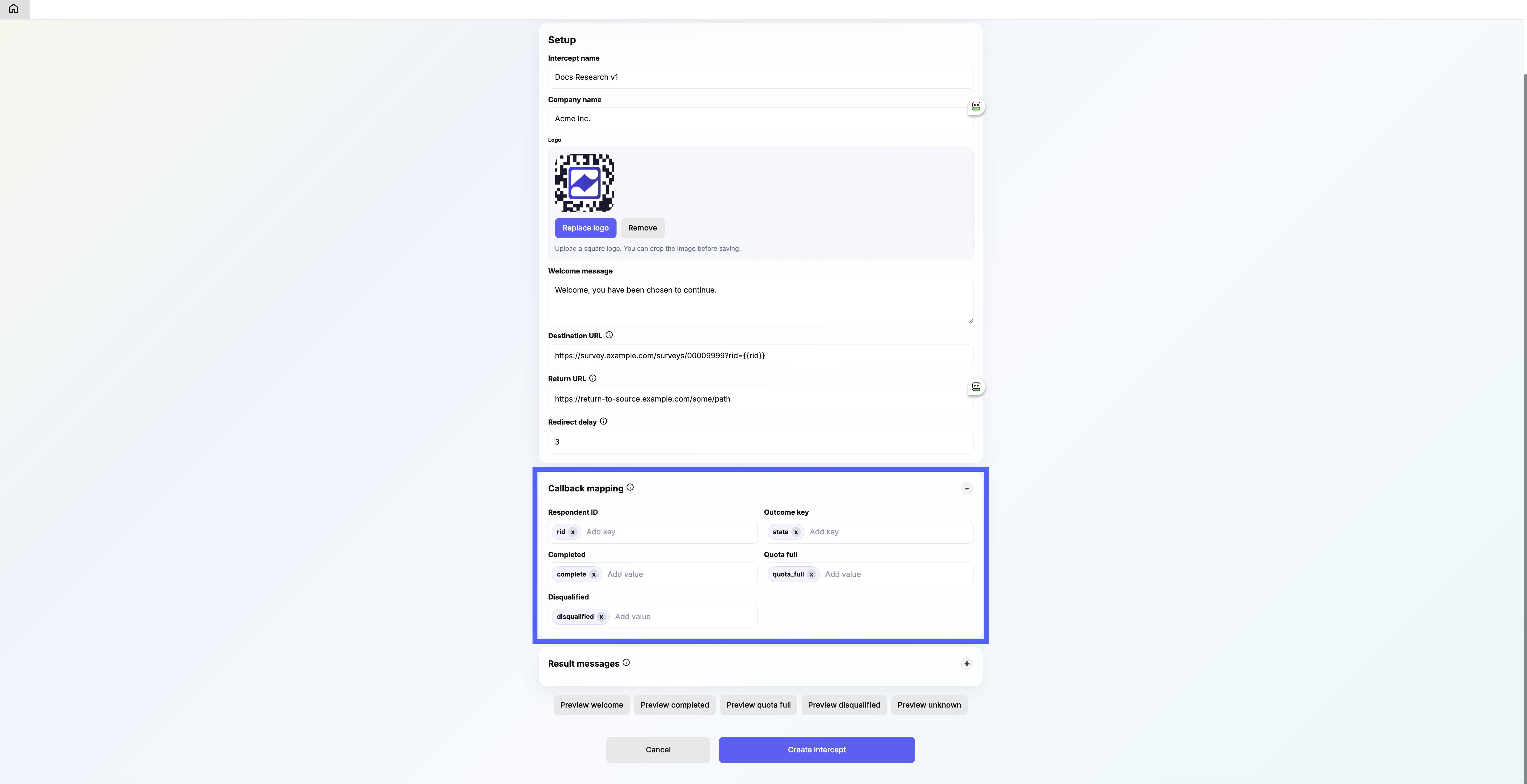 Set up callback mapping