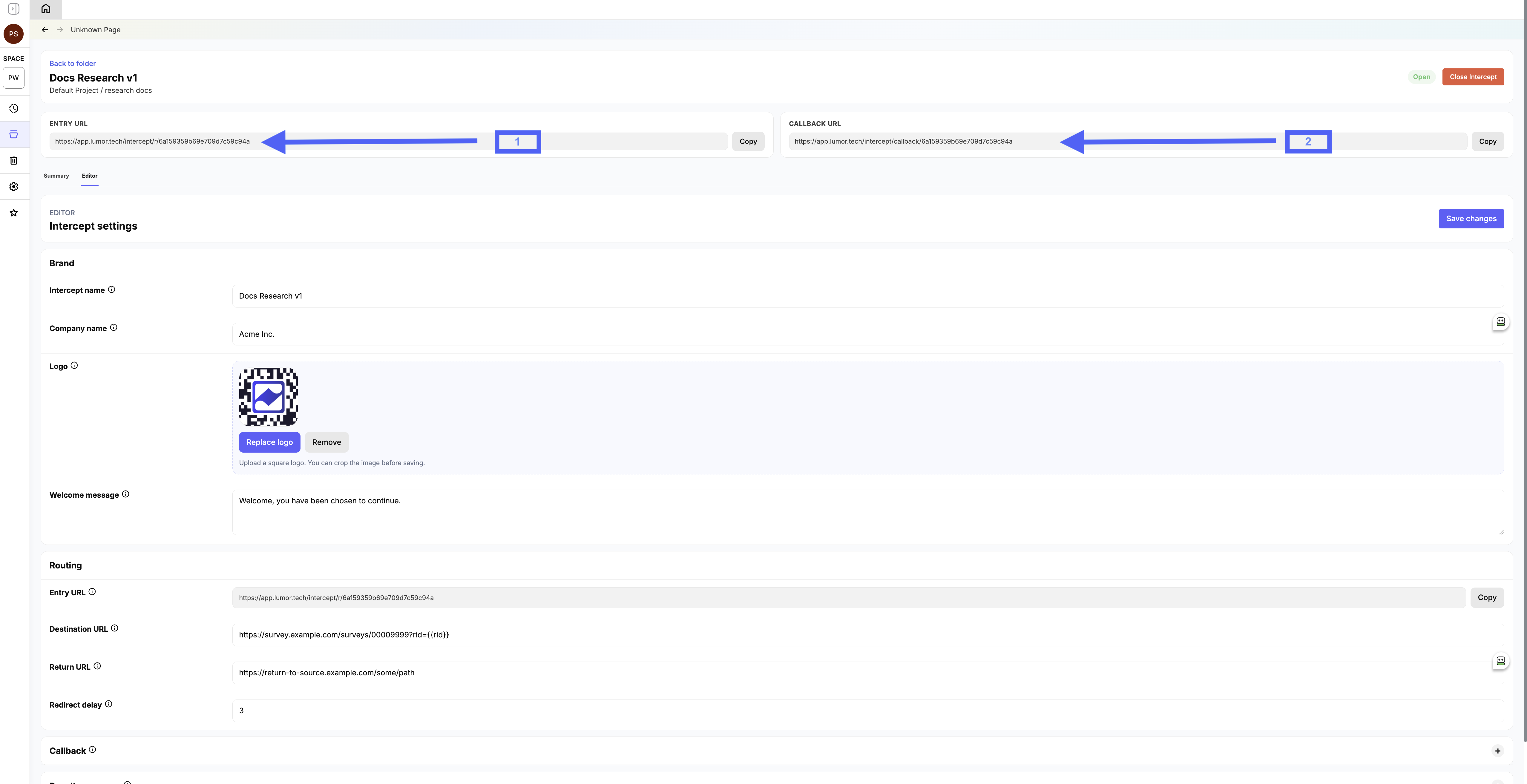 Copy the Entry and Callback URLs